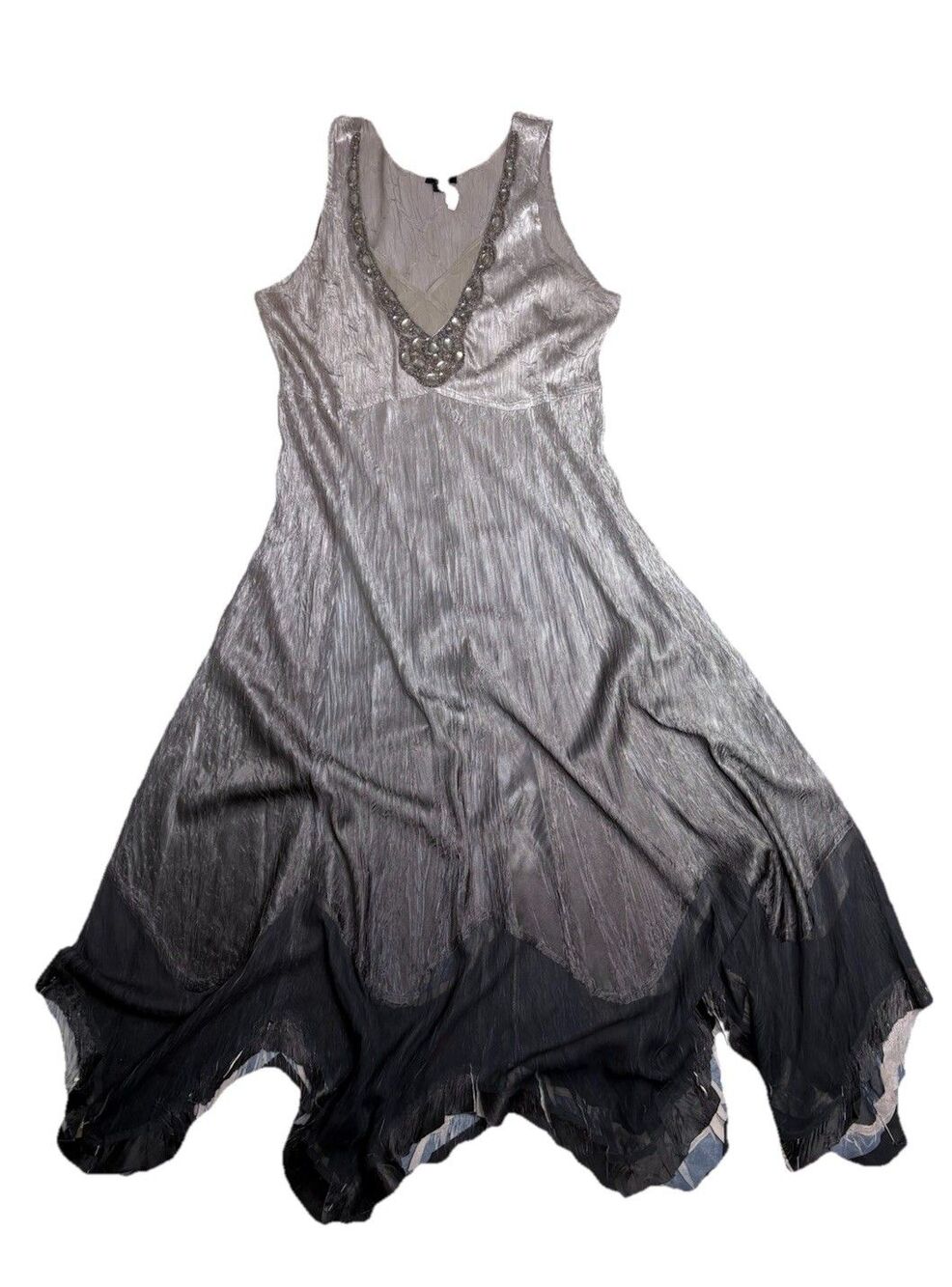Komarov Silver Ombré Crinkle Embellished Dipped Artsy Hemline Maxi Midi Dress L